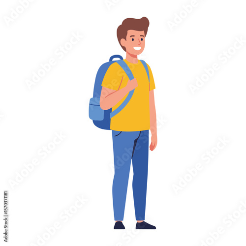 Happy Boy with Backpack Casual Summer Outfit Full Body Illustration