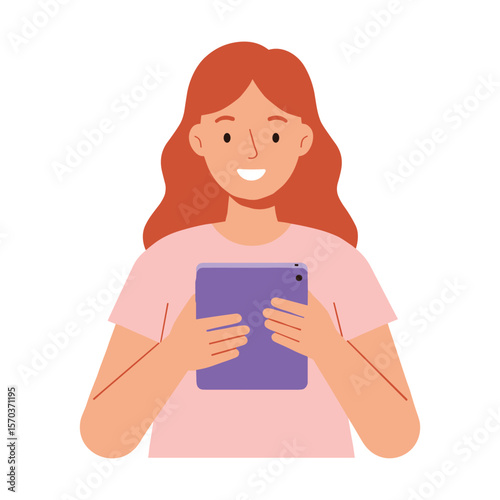 Happy Woman with Red Hair Using Purple Tablet