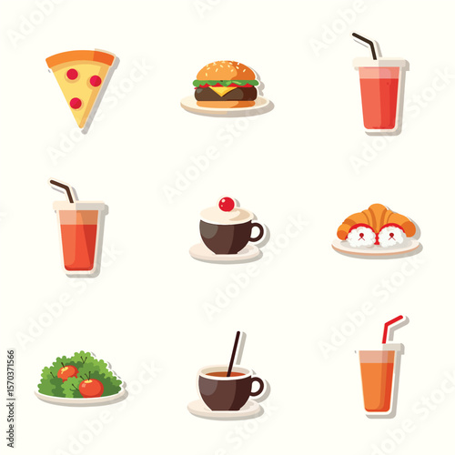 Food & Beverage Flat Icon Set – Minimalist Pizza, Sushi, Coffee & More (Vibrant Pastel UI/UX Vector Illustrations Editable)