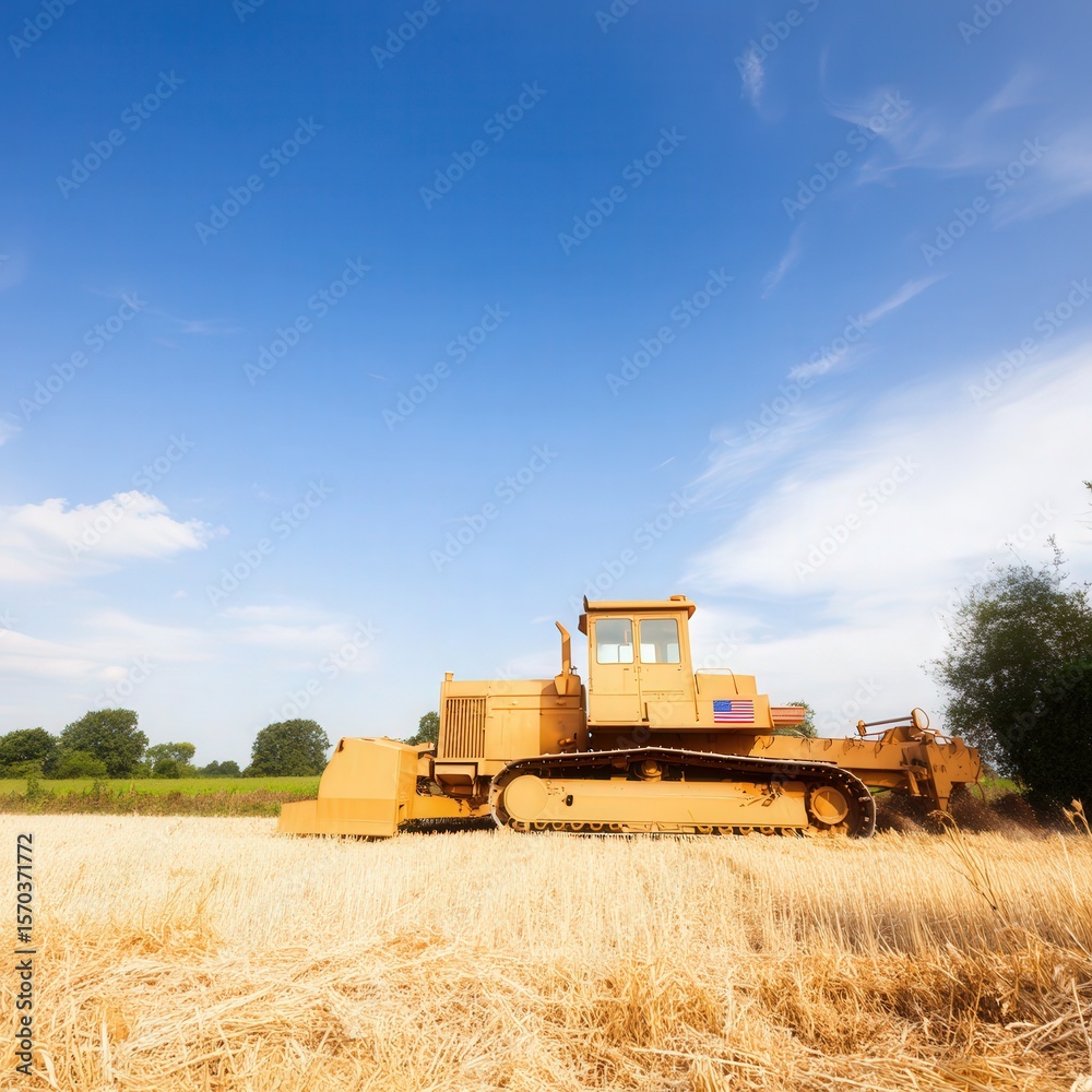 Obraz premium Wide angle view of a farmer steering an AI powered tractor across a golden field under a blue sky, US flag fluttering from the cab.