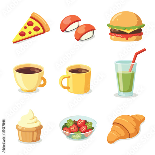 Food & Beverage Flat Icon Set – Minimalist Pizza, Sushi, Coffee & More (Vibrant Pastel UI/UX Vector Illustrations Editable)