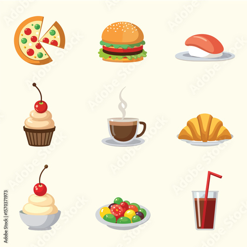Food & Beverage Flat Icon Set – Minimalist Pizza, Sushi, Coffee & More (Vibrant Pastel UI/UX Vector Illustrations Editable)