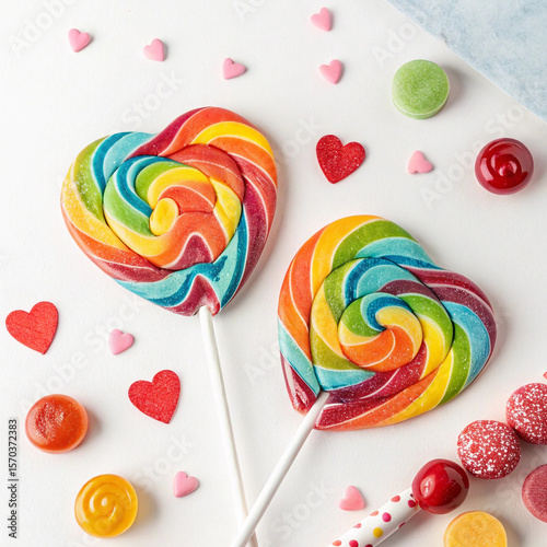 Two Heart Shaped Rainbow Lollipops with Candy and Heart Sprinkles, Sweet Treats for Valentine's Day or a Birthday Party isolated on white background