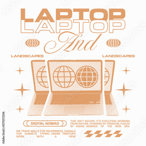 Digital nomad urban graphic t-shirt for print, Nomadic remote working, freelance, Vintage environment graphic, Work and sustainability poster design