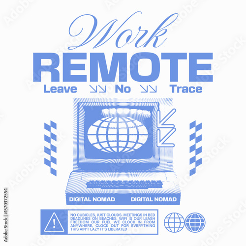 Digital nomad urban graphic t-shirt for print, Nomadic remote working, freelance, Vintage environment graphic, Work and sustainability poster design