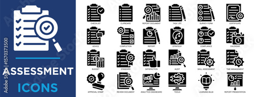 assessment, evaluation, review, quality, technology, document icon set. Outline icons collection. Simple vector illustration