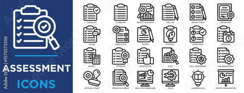 assessment, evaluation, review, quality, technology, document icon set. Outline icons collection. Simple vector illustration