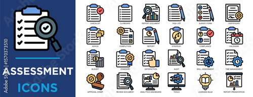 assessment, evaluation, review, quality, technology, document icon set. Outline icons collection. Simple vector illustration