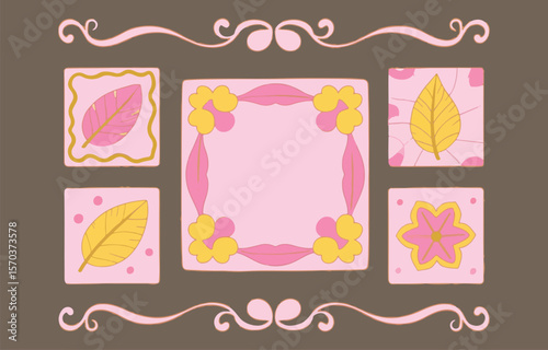 A whimsical decorative border with pink and yellow floral and leaf motifs on a brown background evoking a vintage or childlike aesthetic