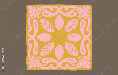 A retro inspired square floral pattern featuring stylized pink leaves and swirling shapes on a mustard yellow background with a dark brown border