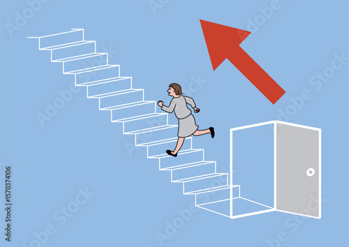 扉を開けて階段をかけあがる女性と上向き矢印