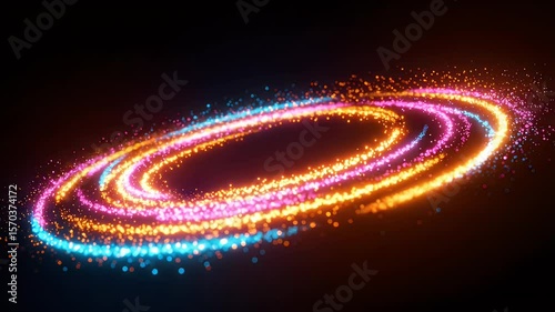 Swirling luminous rings in orange, pink, and blue against a dark background