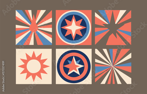 Geometric retro abstract patterns featuring stars and sunbursts in a vintage color palette of coral blue and cream on a brown background