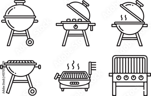 Collection of BBQ Grills in Outline Style, Different Types of Grills for Outdoor Cooking
