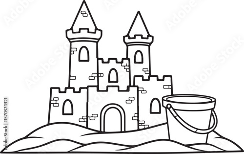 Black and White Line Art of a Sandcastle with Towers and a Bucket on the Beach
