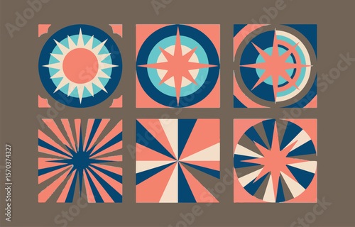 A collection of six geometric abstract designs featuring sunbursts and starburst patterns in coral blue and cream colors arranged in a grid on a brown background
