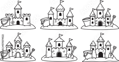 Sandcastle line art pattern, featuring bucket and shovel, perfect for summer beach vacation themes.