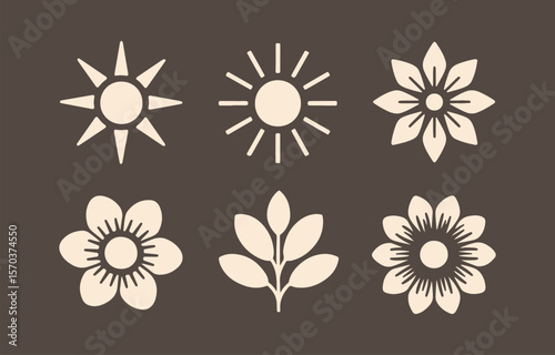 Set of six minimalist flat design icons featuring two stylized suns three floral elements and a sprig of leaves against a dark brown background