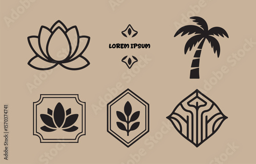 Collection of minimalist black line art icons and logos featuring a lotus flower palm tree abstract leaf designs and decorative frames on a neutral beige background