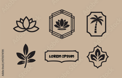 Collection of black minimalist graphic design elements including a lotus flower a palm tree in a frame a branch with leaves and decorative ornamental shapes on a beige background