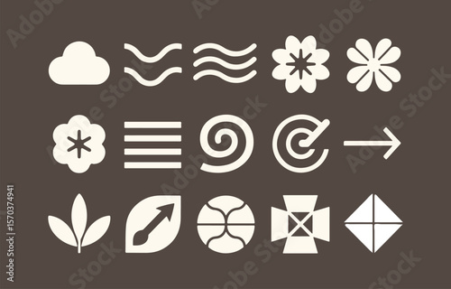 A collection of simple modern flat icons and symbols in beige on a dark brown background representing nature progress and abstract concepts