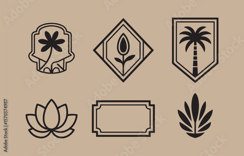 A collection of six minimalist black line art icons featuring botanical and decorative elements on a neutral beige background