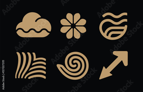 A collection of six minimalist abstract graphic icons in a warm tan color against a solid black background representing nature and movement