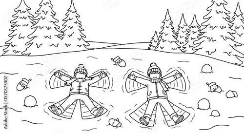 Winter scene coloring page with kids making snow angels in a snowy landscape with christmas trees line art