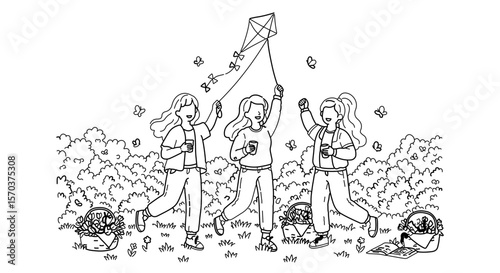 Three friends flying a kite in the park outline coloring page vector illustration for kids and adults
