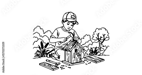 Boy building a birdhouse with hammer and wood in the garden diy project illustration vector design