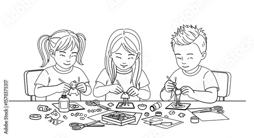 Children crafting together kids art project drawing lesson creative activity handmade decorations fun time hobby at table