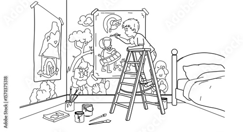 Boy painting wall mural art on ladder in bedroom coloring page vector illustration for kids and adults