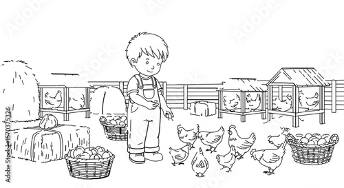 Black and white drawing of boy feeding chickens in farm coloring page for kids and adults to print