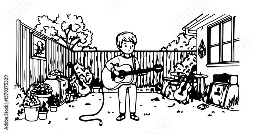 Illustration of boy playing guitar in backyard with musical instruments and garden equipment sketch art