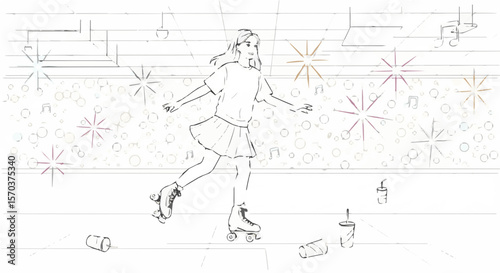 Girl roller skating at disco rink illustration for roller skating rink design and skating illustration art