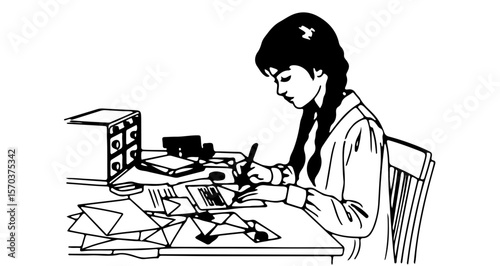 Illustration of a girl writing letters at a desk with envelopes and stationery for graphic design use