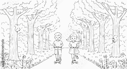 Coloring page of kids riding scooters in park with trees and squirrels for children activity and fun time