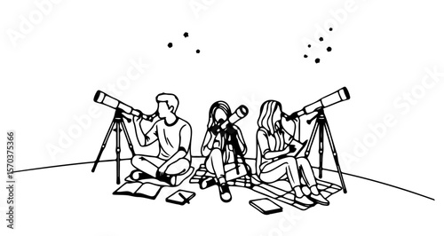 People stargazing with telescopes vector illustration for astronomy hobby and science education concept design