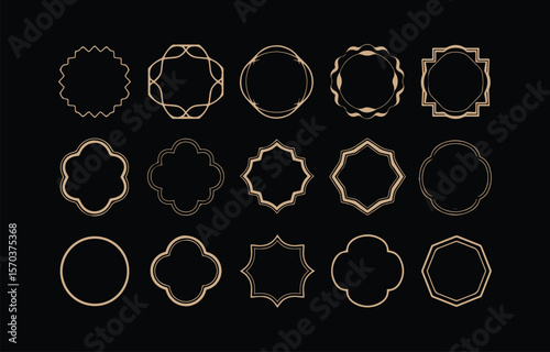 Collection of decorative vintage geometric frames and borders in a beige line art style on a black background perfect for graphic design