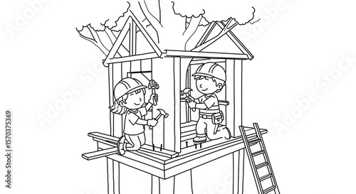 Children building treehouse construction project together with tools and safety helmets outline coloring page
