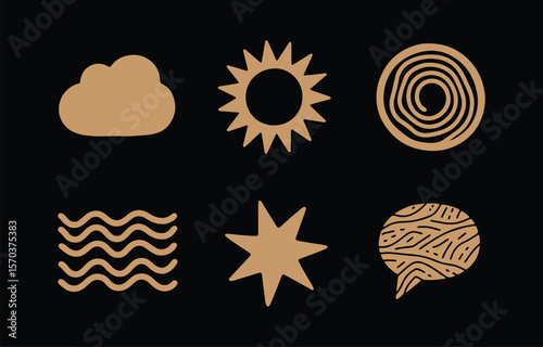 A collection of six abstract hand drawn style icons in a warm tan color against a solid black background representing nature and thought