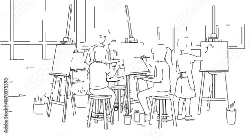Art class drawing lesson for students with easels and teacher in studio for creative education and learning