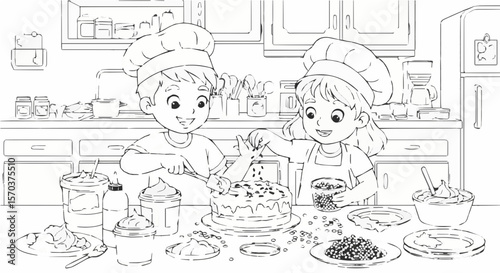 Coloring page of kids baking a cake together having fun in the kitchen with chef hats and ingredients