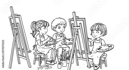 Children painting art class with easels and paint palettes in black and white line art drawing style