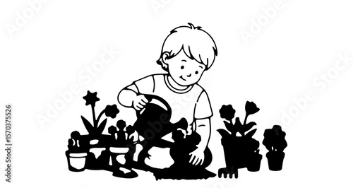 Illustration of a boy watering flowers in the garden with a watering can gardening vector art drawing