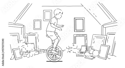 Boy riding unicycle in attic surrounded by picture frames line art illustration for coloring book page design