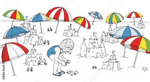 Illustration of girl building sandcastles on beach with colorful umbrellas for summer vacation fun time
