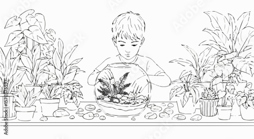 Boy creating a terrarium plants in glass container diy project indoor gardening hobby botanical illustration