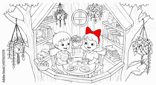 Coloring page of kids having tea party in a treehouse with hanging plants and books for children fun