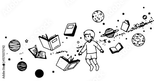 Boy reading books in space with planets and stars vector illustration for education and imagination concept